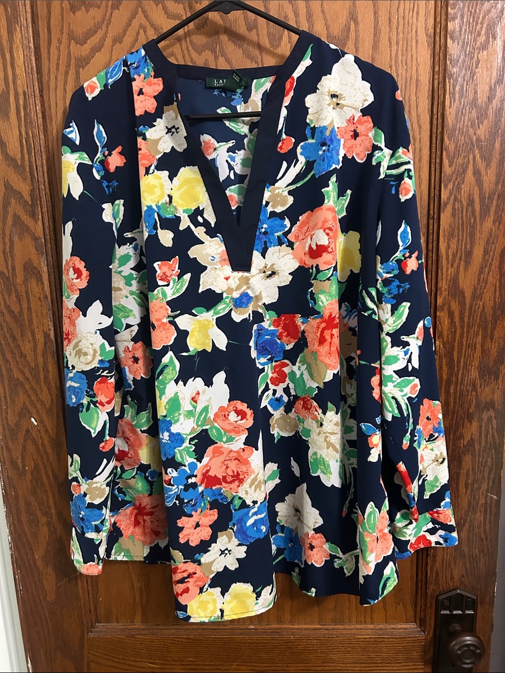 Ralph Lauren Navy Floral Long-Sleeve V-Neck Blouse